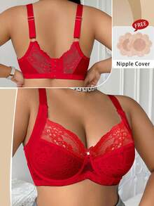 DesireSculpt 1pc Plus Size Christmas Lace Lingerie Bra With Underwire - Red - View 5