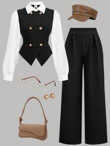 Girlism Teen Girls Shirt Co-Ords Patchwork Double-Breasted Lapel Shirt & Solid Color Pants Casual Suit Set - Black and White - View 3