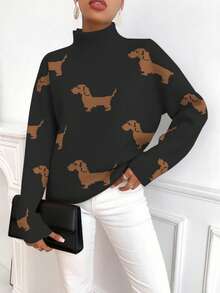 EMERY ROSE 女士休闲日常狗狗图案高领毛衣，秋冬款 - 黑色 - 查看 3
