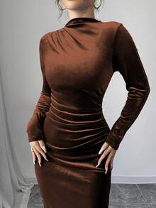 Elenzga Women Elegant Velvet Asymmetric Ruffle Split Hem Dress Burgundy Maxi Women Outfit - Coffee Brown - View 6