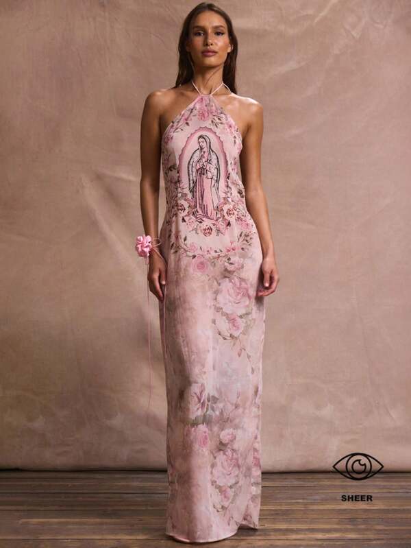 Musera Resort Vestido largo de malla con estampado, escote halter y tirantes, ideal para cubrir el traje de baño en verano, Ibiza, vacaciones, sexy, romántico en la playa, elegante para invitada de boda, Sagrada Renaissance Sagrada