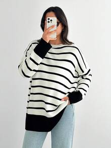 SHEIN Tall 女式黑白休闲毛衣，日常穿着，秋季，冬季 - 黑與白 - 查看 6