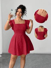 Elenzga 大码纯色方领提花荷叶边优雅连衣裙 - 酒紅色 - 查看 7