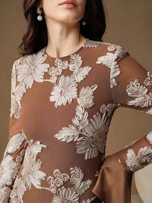 Anewsta 女式圆领喇叭袖复古优雅纹理拼布连衣裙 - 棕色 - 查看 5