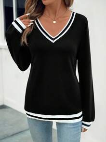 SHEIN LUNE 女士休闲V领长袖运动衫 - 黑色 - 查看 4