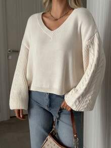 EURMUSE Einfarbiger V-Ausschnitt-Pullover mit Fledermausärmeln, lockerer Oversized-Lässig-Stil, gestrickte Tunika für Herbst/Winter, Damenpullover, Zopfstrick-Pullover, V-Ausschnitt-Pullover, Ballonärmel-Pullover, Jumper, cremefarbener Jumper, Jumper, Weihnachts-Jumper, weißer Jumper, schwarzer Jumper, Damen-Jumper, Damen-Jumper - Aprikosenfarben - Übersicht 3