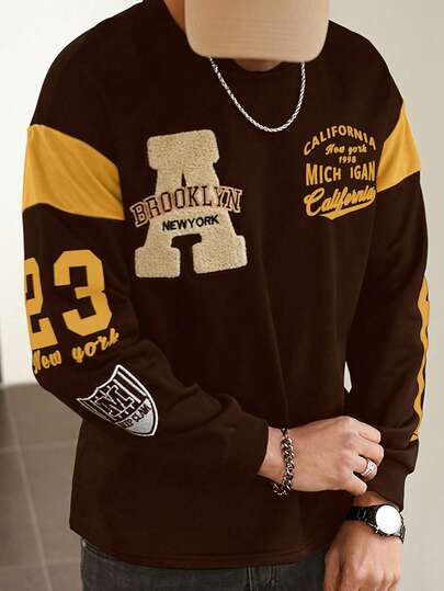 Manfinity Campus Court Męska koszulka z aplikacją z literami i blokami kolorów, okrągłym dekoltem i długim rękawem, męska, brązowa bluza z napisem, męska, swobodna, brązowa bluza z długim rękawem, brązowa koszulka męska