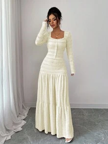 Selianne 女式粉色纹理面料休闲度假风格长袖方领纽扣上衣，带拼接设计和喇叭裙两件套，秋季 - 淡黃色 - 查看 3