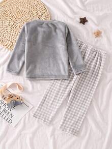 2 件套小男孩毛绒格子长袖上衣和裤子休闲舒适睡衣套装