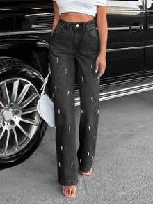 EURMUSE Women Petite High Waist Pearl Detail Casual Straight Denim Jeans - Dark Grey - View 5