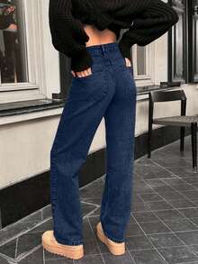 Quần jean ống đứng dáng rộng thoải mái 100% cotton dành cho nữ - Rửa tối - Xem 5