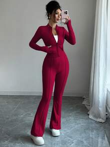 INAWLY Bộ 2 món áo crop top bó sát có khóa kéo và quần ống loe cho nữ - Màu Đỏ Sâu - Xem 3