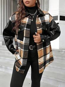Calvaya Plus Plaid Print Drop Shoulder Flap Pocket Jacket Fall Winter Cloth For Women Autumn - Brown - View 3