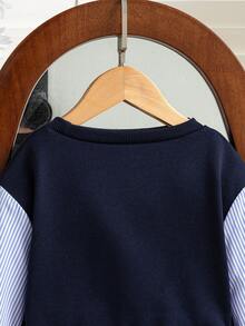 SHEIN 女童条纹印花仿珍珠装饰圆领长袖运动衫 - 藍色 - 查看 6