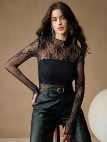 Anewsta 女士蕾丝透视拇指孔优雅衬衫，适合节日派对装 - 藏蓝色 - 查看 5