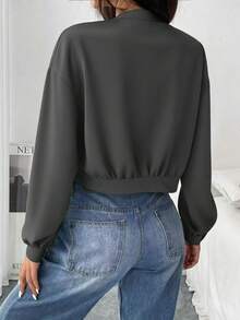 EMERY ROSE 纯色前扣口袋长袖短款休闲夹克 - 深灰色 - 查看 2