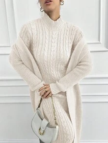 EURMUSE Women 2pcs Set Consisting Of Solid Color Long Sleeve Cardigan And Sleeveless Stand Collar Maxi Sweater Dress, Elegant For Autumn/Winter - White - View 4