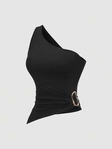 Sweetra Bộ áo cánh trang trí khóa kim loại lệch vai mới cho nữ, phù hợp cho kỳ nghỉ biển mùa xuân/hè - Nhiều màu - Xem 7