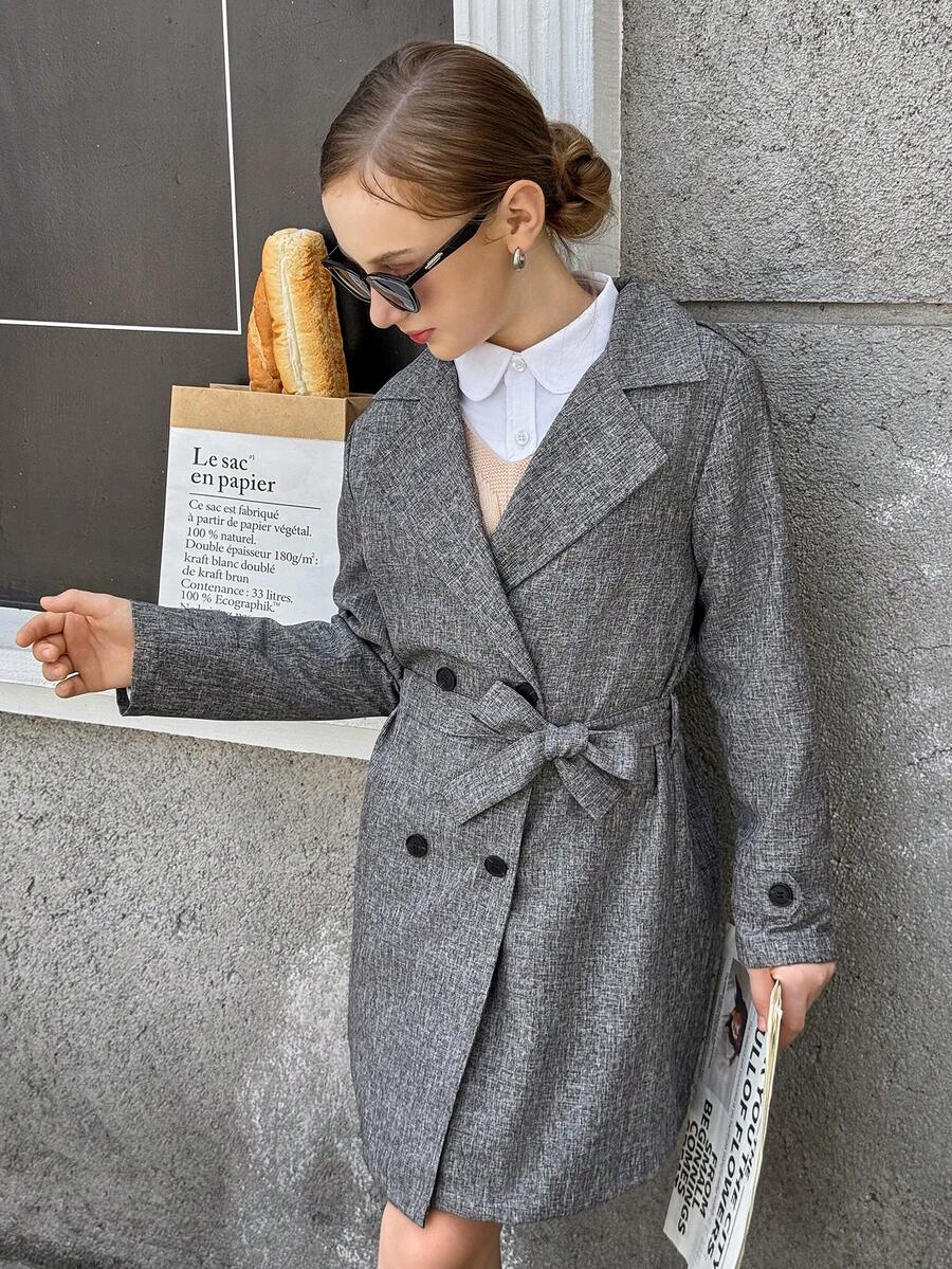 Tween Girls Fashionable Casual Loose Belted Double-Breasted Long Windbreaker, Suitable For Commuting Or Daily Wear In Autumn - Dark Grey - View 1