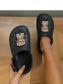 Niño sandalias ligeras con adorno león, punta redonda, correa ajustable, estilo divertido para verano y playa, zuecos transpirables - Negro - Ver 1
