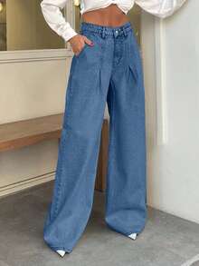 SHEIN Cottnline 100% Cotton HIGH WAIST WIDE LEG VINTAGE  JEAN - Blue - View 4