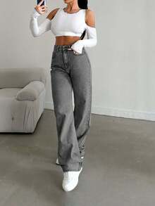 SHEIN Cottnline Snow Wash Straight Leg Jeans High Rise ,Petite Women - Grey - View 7