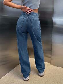 CasuGlow 100% Cotton HIGH RISE ASYMMETRIC BELT STRAIGHT CUT JEAN - Dusty Blue - View 2
