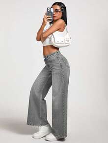 EURMUSE PETITE LOW WAIST STRAIGHT LEG JEANS - Grey - View 4