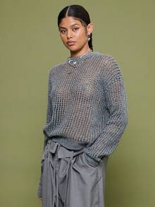 COUREZ Suéter de punto abierto de doble capa de manga larga / Ropa de otoño Y2K para mujeres Ropa de invierno para mujeres Blusas casuales para salir Suéter de invierno para mujer - Gris - Ver 1