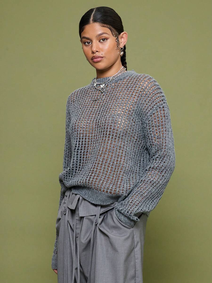 COUREZ Suéter de punto abierto de doble capa de manga larga / Ropa de otoño Y2K para mujeres Ropa de invierno para mujeres Blusas casuales para salir Suéter de invierno para mujer - Gris - Ver 1