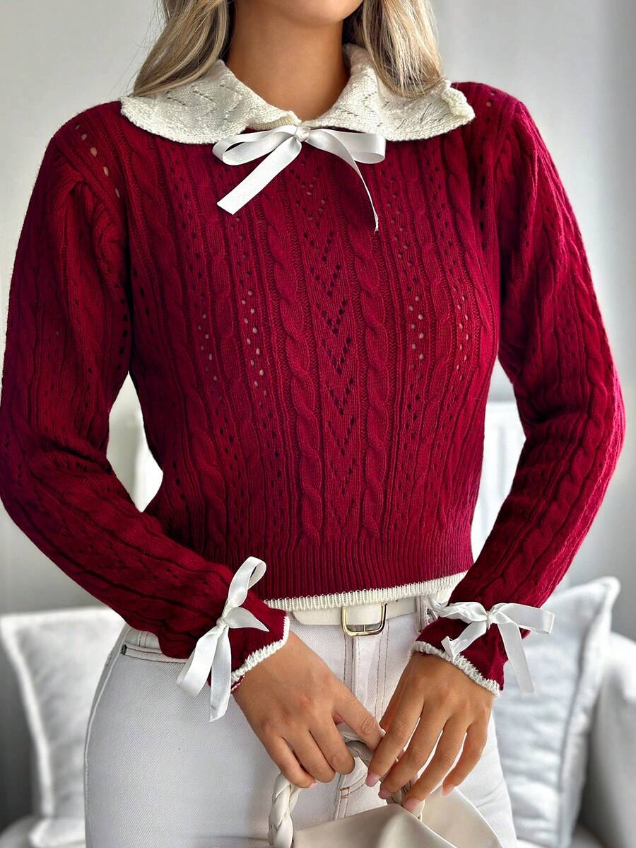 EURMUSE Women Sweater Elegant With Bow Detail - Burgundy - View 1