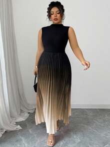 Elenzga Plus Size Sleeveless High Neck Pleated Ombre Floral Dress - Coffee Brown - View 4