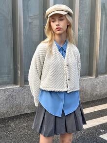 Teen Girls' Fashionable Fluffy Button Jacket - Beige - View 7