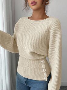 Selianne Women's New Autumn/Winter Single-Piece Design Batwing Sleeve High-End Buttoned Minimalist Everyday Knit Long Sleeve Top