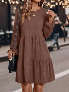 EMERY ROSE 女式圆领灯笼袖休闲百褶连衣裙 - 鏽棕色 - 查看 4