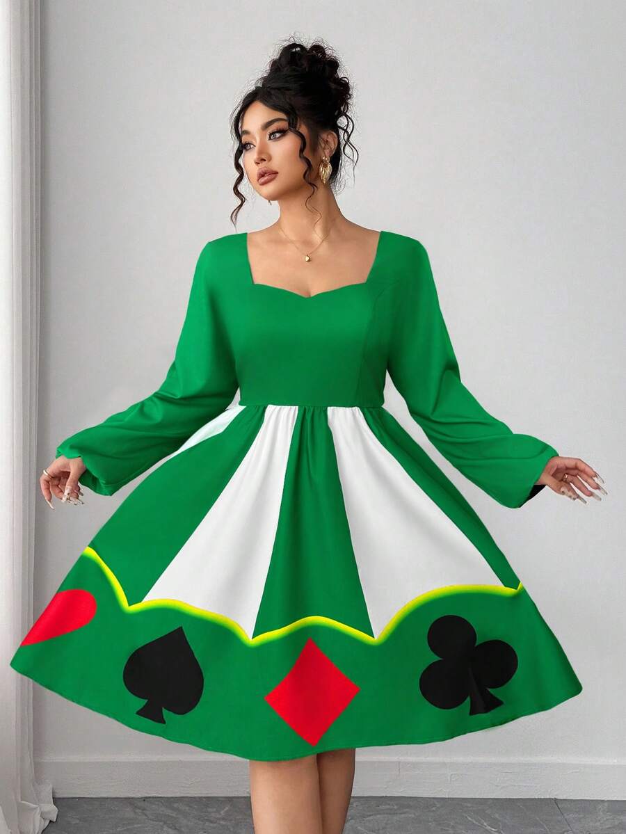 Elenzga Christmas Kooky Elegance Collection (Woe Is Me Vibes)(Wednesday Aesthetic) Halloween Dark Spade Heart Print Waist Fit And Flare Dress - Green - View 1