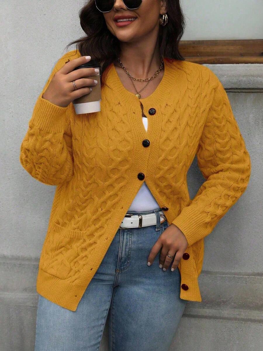 Cárdigan de manga larga con botones de unicolor casual para mujer de talla grande - Amarillo - Ver 1