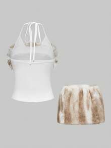 ROMWE Grunge Punk Y2K Retro Sexy Halter 2 In 1 Furry Cross Letter Print Bodycon Mini Skirt Set For Women - White - View 2