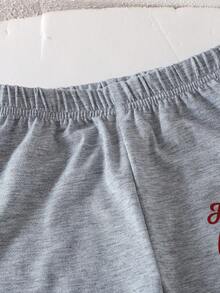 SHEIN 2pcs Baby Girls' Casual V-Neck Letter Graphic Long Sleeve Knit Top And Straight Leg Printed Pants Set, Autumn/Winter - Black - View 4