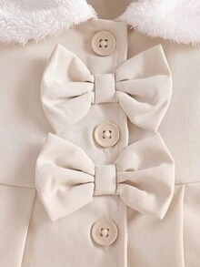 SHEIN Płaszcz typu trencz dla dziewczynek z kołnierzem ze sztucznego futra i kokardą, jesień/zima - Beżowy - Zobacz 3