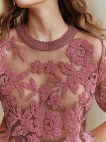 Anewsta 女式秋季花卉网眼圆领短袖针织上衣春季女装 - 中紫紅色 - 查看 1
