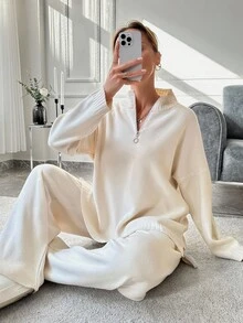 EURMUSE Half Zip Drop Shoulder Sweater & Knit Pants - Apricot - View 5