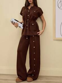 SHEIN Tall 2 Pcs Button Detail Sweater Pant+ Belted Sweater - Brown - View 4