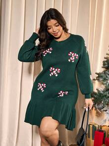 Elaquor Plus Size Women Candy Cane Pattern Ruffle Hem Sweater Dress, Autumn/Winter,Christmas - Green - View 7