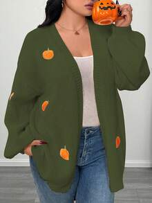 Elenzga 大码女式休闲宽松落肩长袖开衫 - 軍綠色 - 查看 1