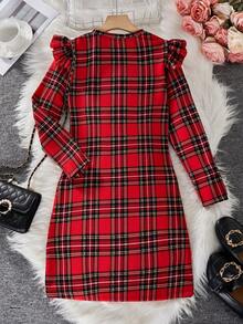 SHEIN Girls' Red Checked Long Sleeve Autumn Dress,Elegant Bow Cap Sleeve Princess Plaid Print Outfits For School,Holiday & Christmas Party,Autumn & Winter - Red - View 2