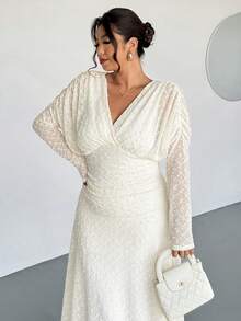 Firerie Plus Size Women Elegant Vacation Textured Fabric Ruched Long Sleeve V-Neck Elastic Waist Flared Dress Spring