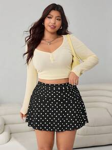 Solflare Plus Size Polka Dot Casual Skirt, Suitable For School And Outings - Black and White - View 5