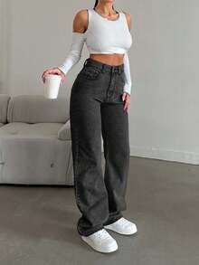 SHEIN Cottnline Snow Wash Straight Leg Jeans High Rise ,Petite Women - Dark Grey - View 6