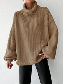 EURMUSE Women's Casual Solid Color Drop Shoulder Loose Turtleneck Sweater, Autumn/Winter - Unta - View 4